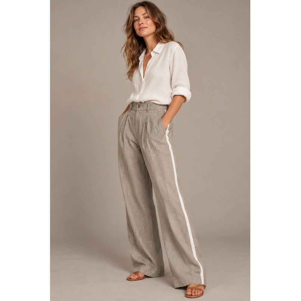 NWT Sundance Bellamy Pleated Pants 12 Beige 100% Linen Wide Leg Tuxedo Stripe